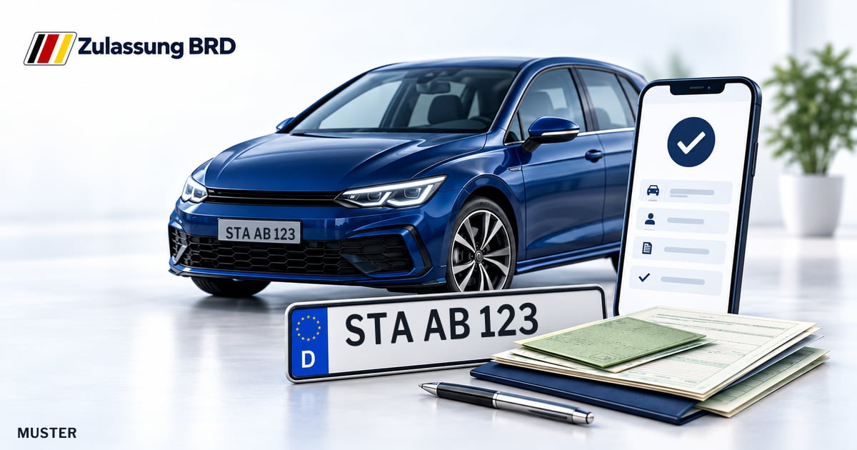 Online Fahrzeugzulassung in Starnberg: Musterkennzeichen STA AB 123, Auto und Fahrzeugpapiere und Smartphone. Illustration mit Logo von Zulassung BRD.